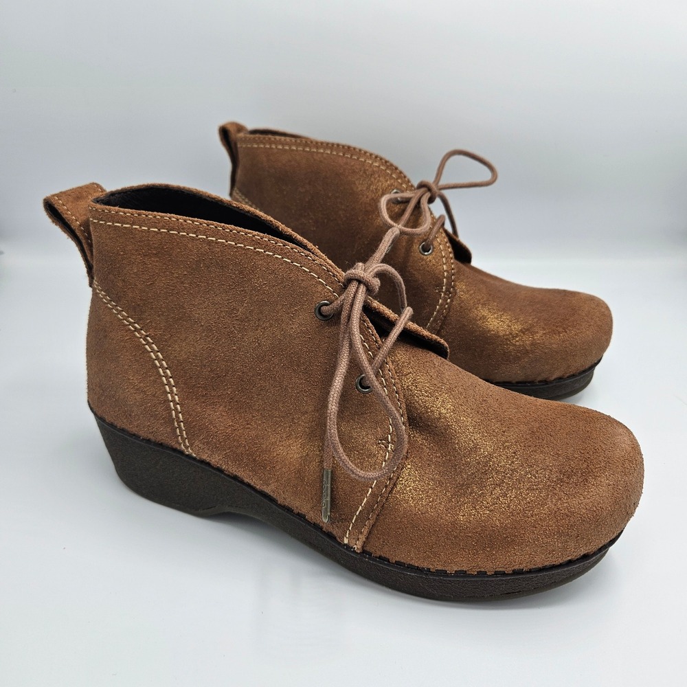 Dansko Brown Metallic Shimmer‎ Suede Lace Up Chukka Wedge Boots Women's 37 EU